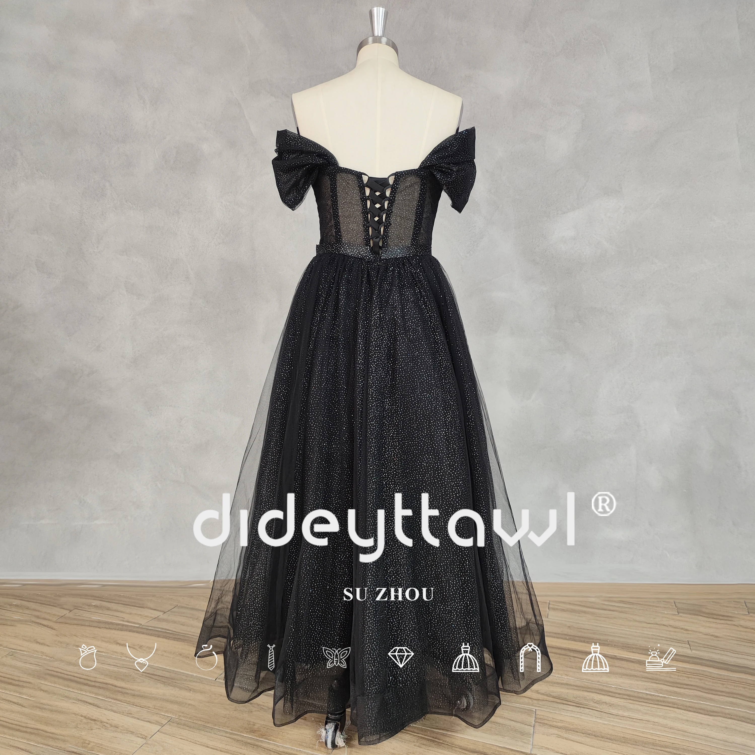 DIDEYTTAWL Customized Real Photos Off-Shoulder Sweetheart Shiny Tulle Prom Dress A Line Lace Up Back Ankle-Length Evening Gown