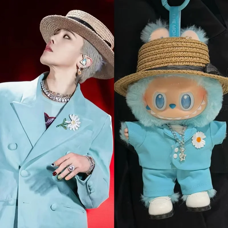 Labubu V1v2v3 muñeca colgante de 17cm estilo estrella traje azul/negro conjunto con sombrero traje de niño de moda DIY accesorios de ropa regalos