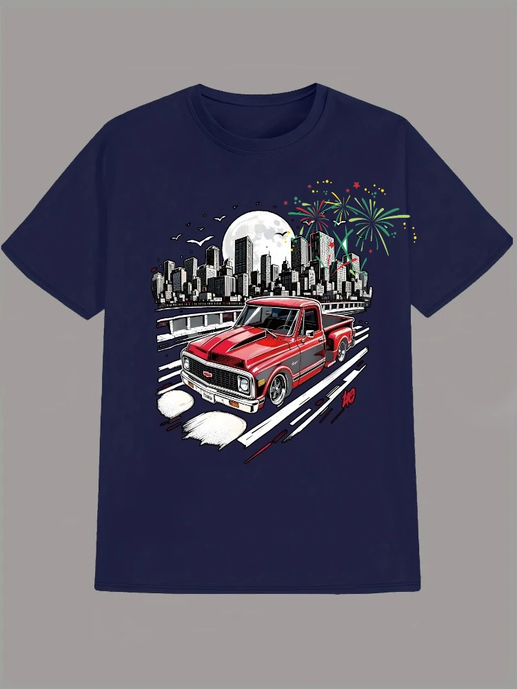 Vintage Red Pickup Truck&City Skyline Graphic-with Urban Nightlife design-100%cotton O-neck short sleeve printed men's T-shirt.