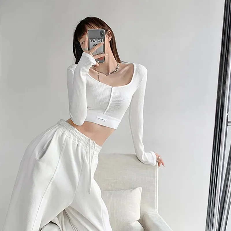 Women's Ribbed Square Neck Long Sleeve Crop Top Button Front Slim Fit Casual Y2K Streetwear White