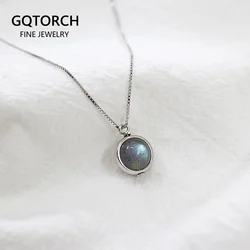 Real Pure 925 Sterling Silver Labradorite Pendant Necklace With Box Chain Simple Elegant Natural Gemstone Collier For Women