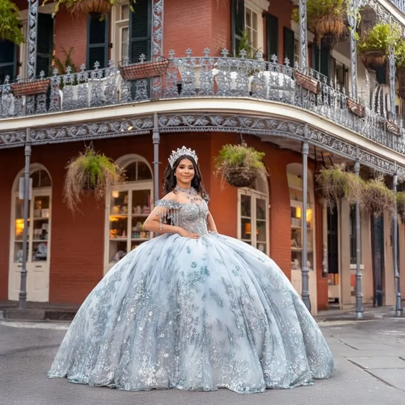 

Haze Blue Quinceanera Dress Crystal Glitter Decal off-shoulder Layering Long tail Bow Vestidos De 15 Quinceanera ﻿Customize