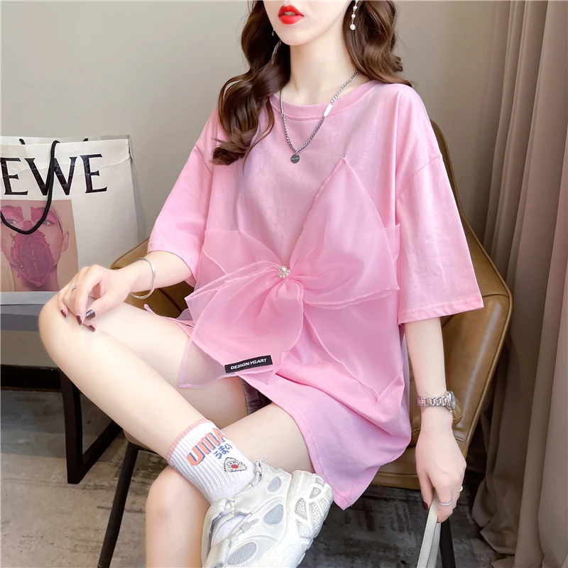 New Hot Style Design Big Bow Mid-Length Women\'s T-Shirt Korean Fashion Short-Sleeved Tops 2023 100% Cotton