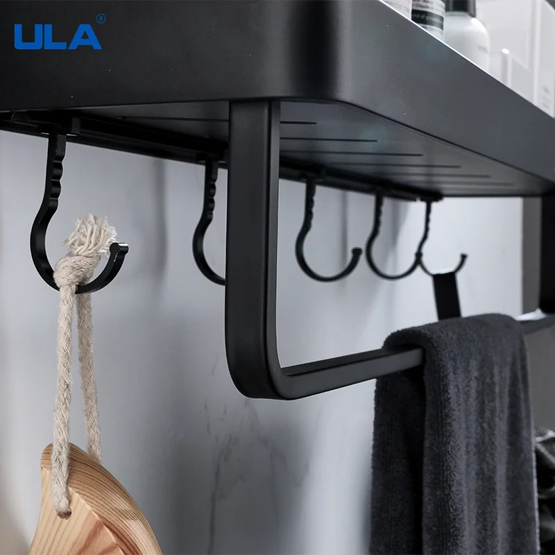 ULA Black Bathroom Shelf 30/40/50/60 cm Kitchen Wall Shelf Shower Holder Storage Rack Towel Bar Robe Hooks Bathroom Accessories