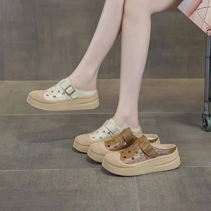 DIMANYU Women Slippers Genuine Leather 2025 Summer New Casual Eyelet Slippers Women Platform Hollow One Foot Slippers Women