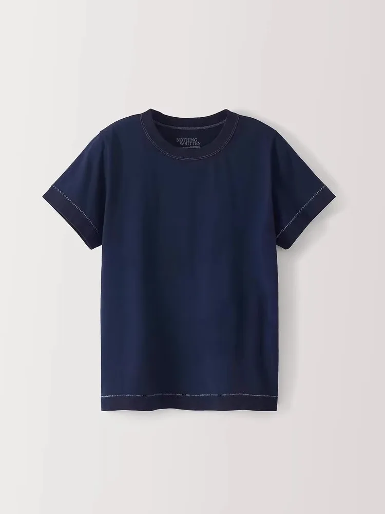 

NW oulder Cotton ort Sve Deep Blue Женская футболка Summer Moisture ng Свободный крой круглый Ne Pure Color