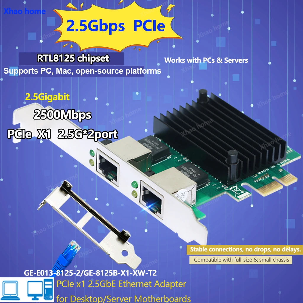 

For Realtek Rtl8125 Dual Port 2.5G Gigabit Ethernet Rj45 Network Card Pcie X1 X4 Win10/11/Xp Pc Desktop Server 100/1000/2500Mbps