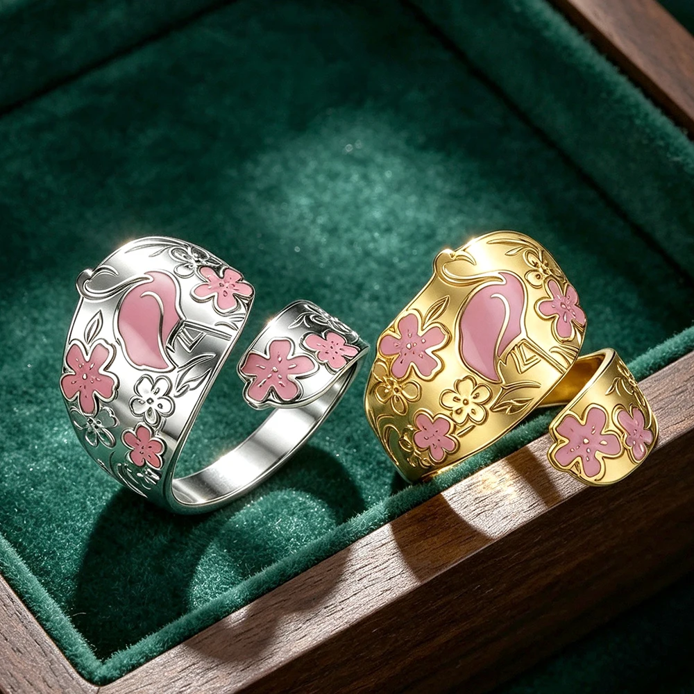 Flamingo Rings for Women Animal Enamel Engagement Wedding Band Adjustable Spoon Rings Stainless Steel Jewelry