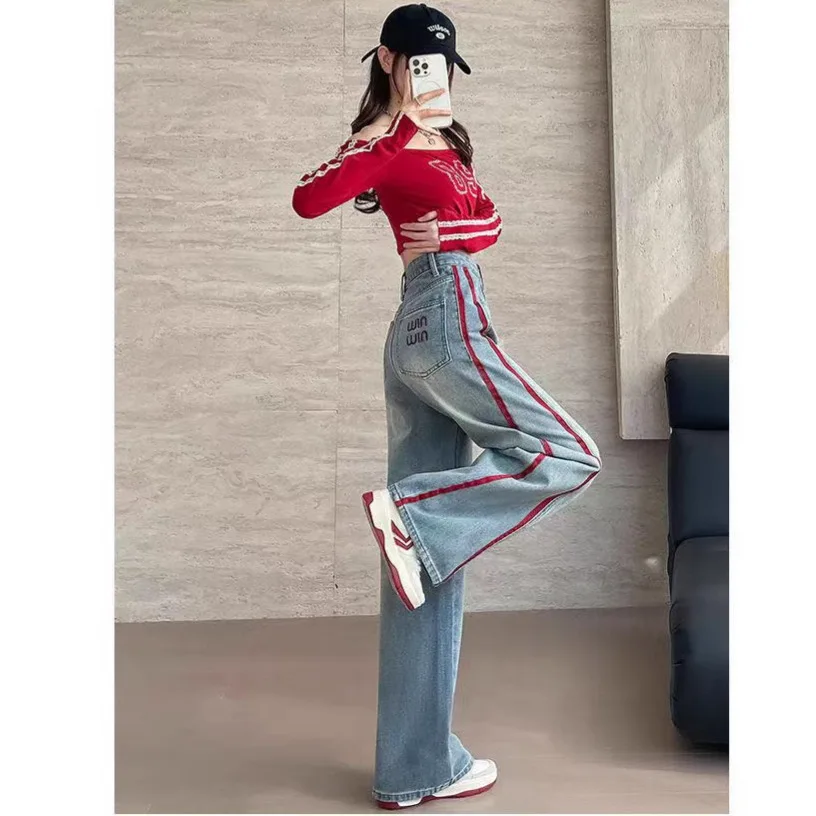 Y2K Embroidered Jeans Women American Style Contrasting Patchwork Spring Wide Leg Pants Loose Slimming Floor