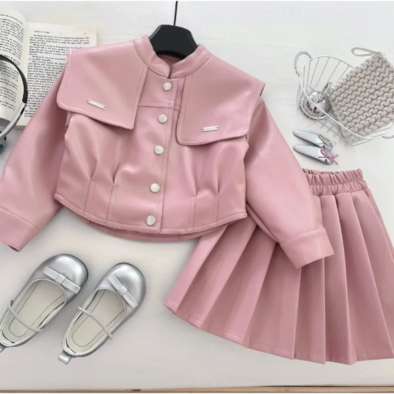 

Girls' Soft Leather Suit Dress Autumn 2025 New Item Girls Korean Version Fashionable Children's Leather Jacket Two-piece Set