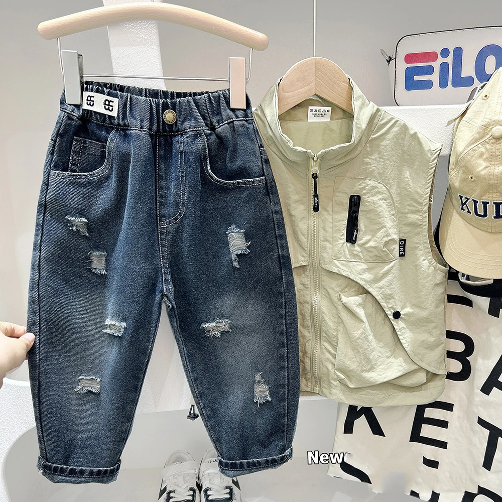 

Todder Kids Boys Jeans Autumn Hole Versatile Children 4-6Y Boys Casual Trouser Loose Elastic Waist Pocket Little Boys Harem Pant