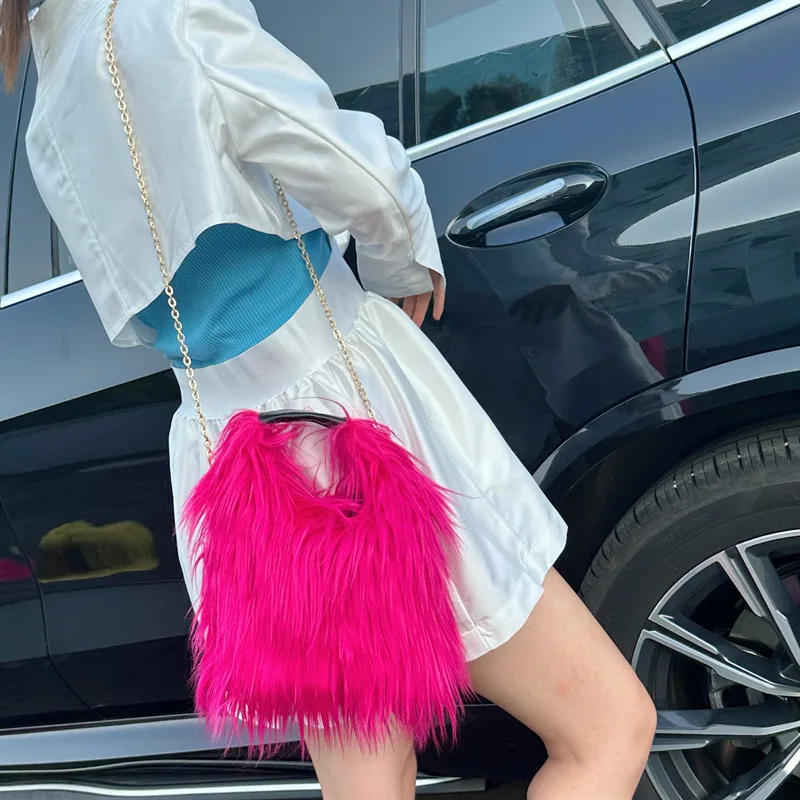 Bolsa fofa de pelúcia fofa para mulheres, cor doce, longa, luxo, designer, ombro, tiracolo, quente, macio