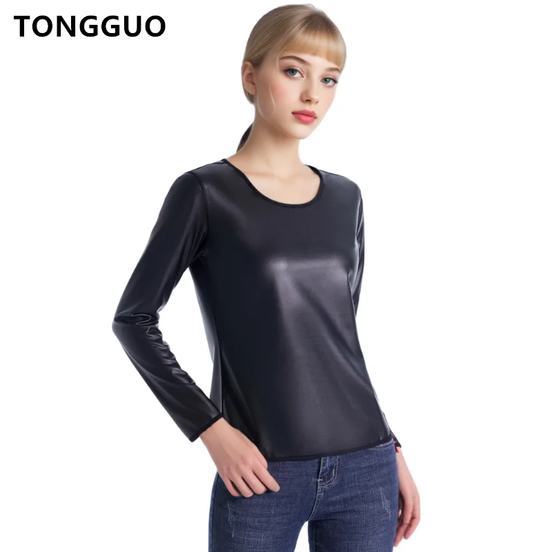 نمط جديد فو الجلود طويلة الأكمام قمصان دراجة نارية السائق محدد شكل الجسم القمم مدرب خصر التي شيرت موضة ملابس داخلية غير رسمية القمم #1