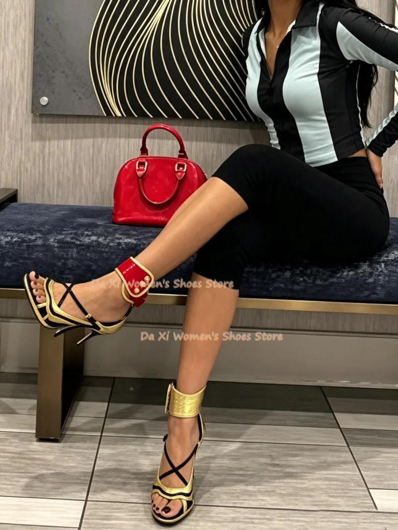 Retro Color Blocking Asymmetry Ankle Straps High Heel Red And gold Color Blocking Cross Straps Open Toes  Stilettos Sandals