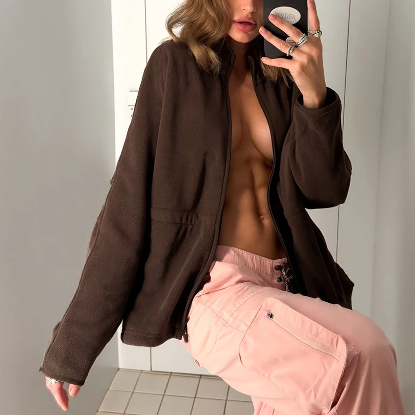 Women's Pink Polar Fleece Zip-Up Sweatshirt with Stand Collar