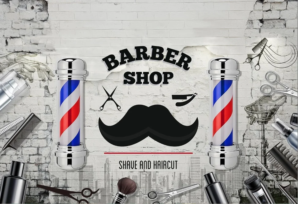 Barber Shop Party Backdrop Hairstylist Salon Shaving Hairdressing Tools Rotating Light Box Photography Background City Wall