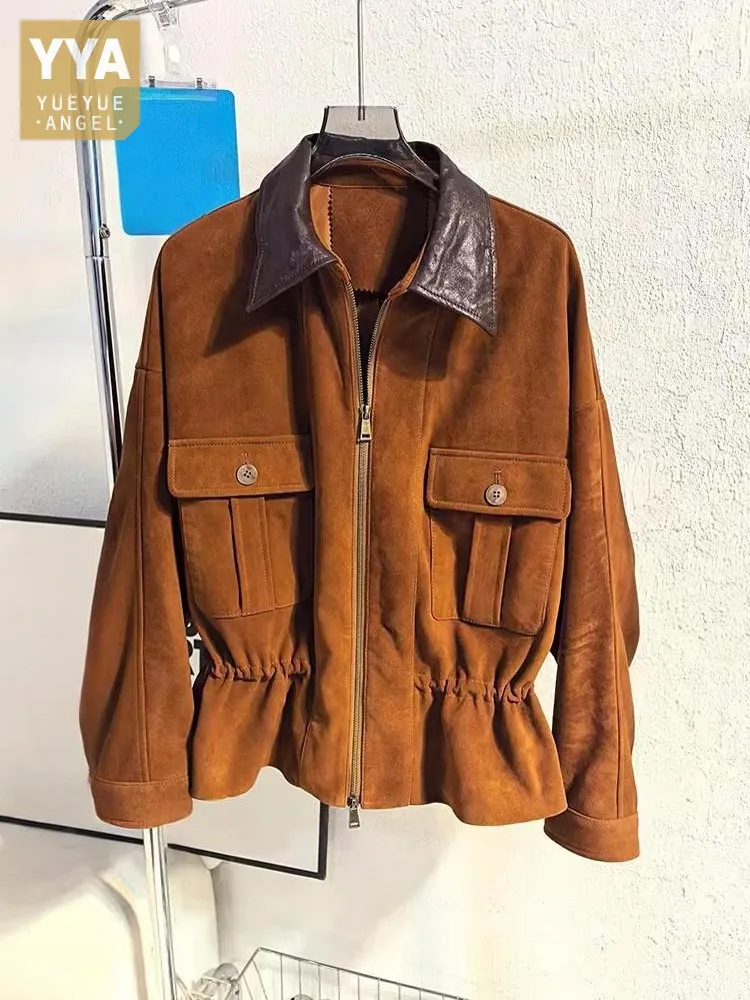 Autumn Winter Fashion Womens Designer Zipper Sheepskin Loose Sreal Suede Leather Ladies Jacket Sleeve With Shoulder Outerwear