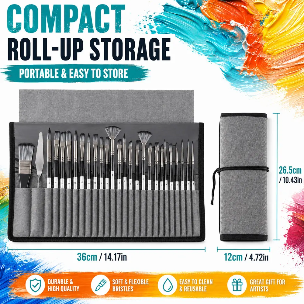 24PCS Artist Paint Brush Set with 23 Synthetic Brushes, Palette Knife and Storage Case for Acrylic, Watercolor, Oil & DIY Crafts
