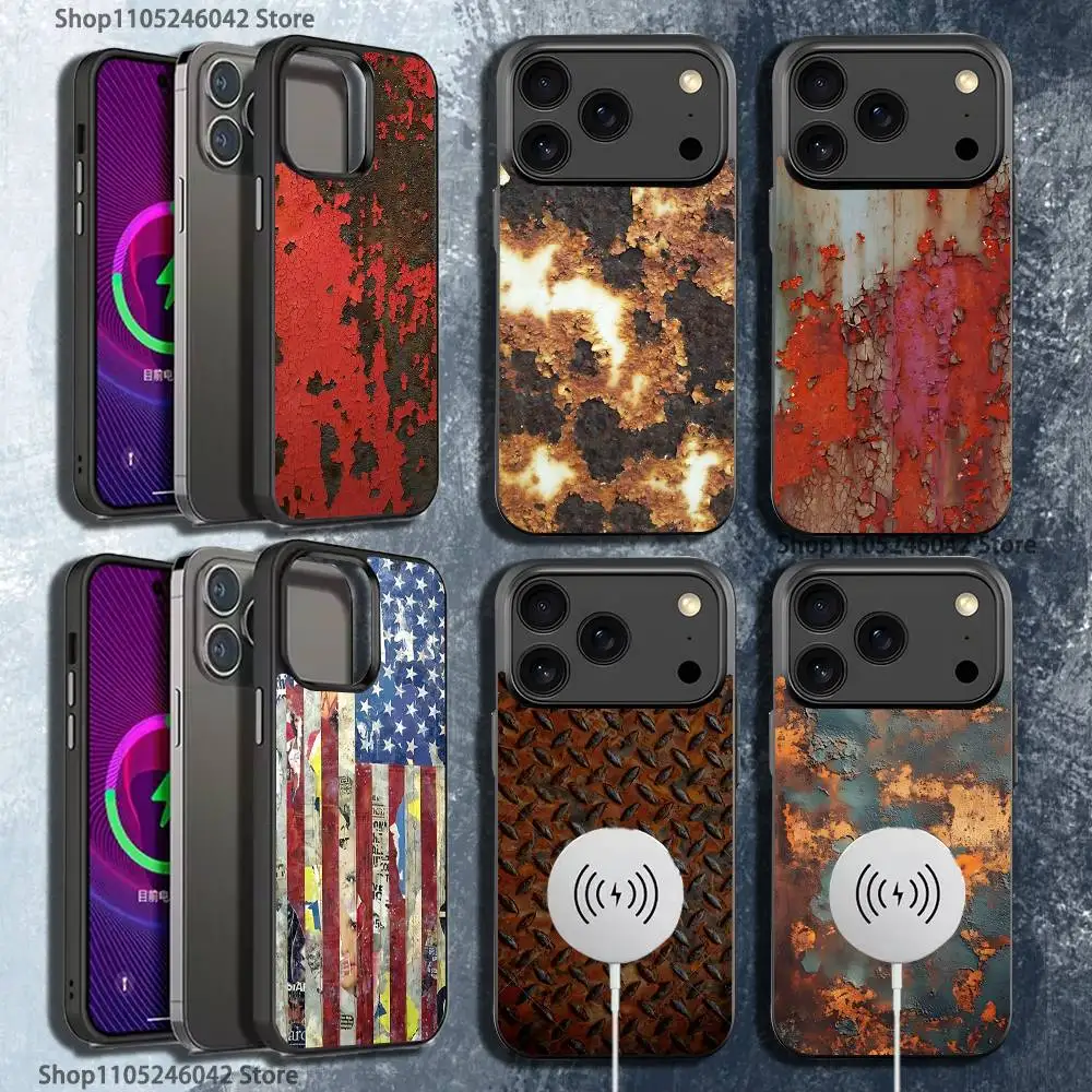 

Ржавый противоударный черный чехол для телефона в индустриальном стиле в стиле ретро для iPhone 17,16,15,14,13,12,11, Pro, Max, Plus с магнитной беспроводной зарядкой