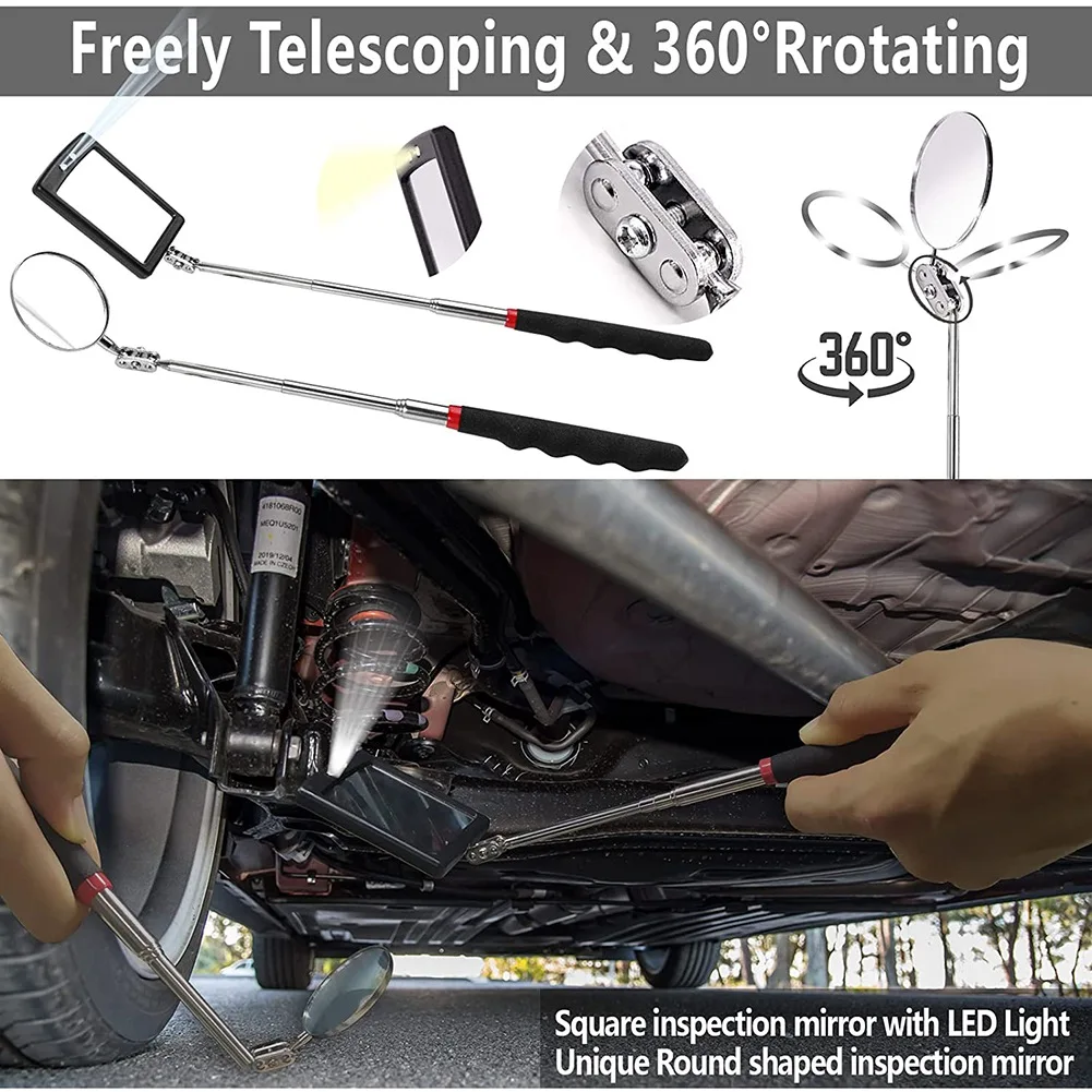 ABRN-طقم التقاط مغناطيسي قابل للسحب، مرايا فحص قابلة للتعديل تدور 360 درجة ومصابيح كاشفة مرنة قابلة للسحب