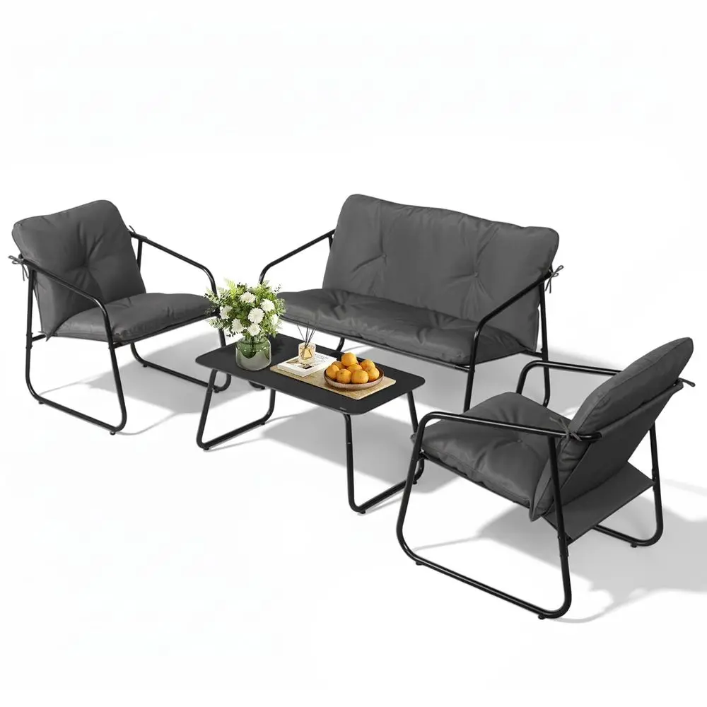 

4 Piece Patio Conversation Set, Outdoor Furniture Set with Glass Coffee Table amp Comfortable Cushion, AllWeather Cushioned Sea