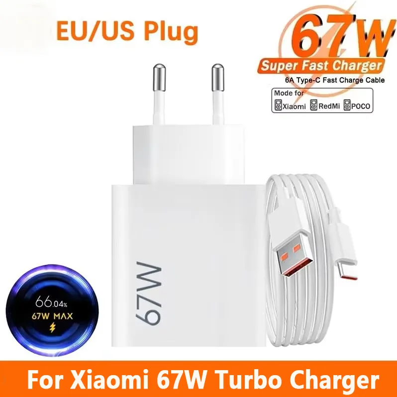 67W Szybka ładowarka USB-C do Xiaomi, kabel, adapter sieciowy EU/US, Redmi Note 14, Mi 14T, 13, 12 Turbo, Poco X6 — zdjęcie produktu 1