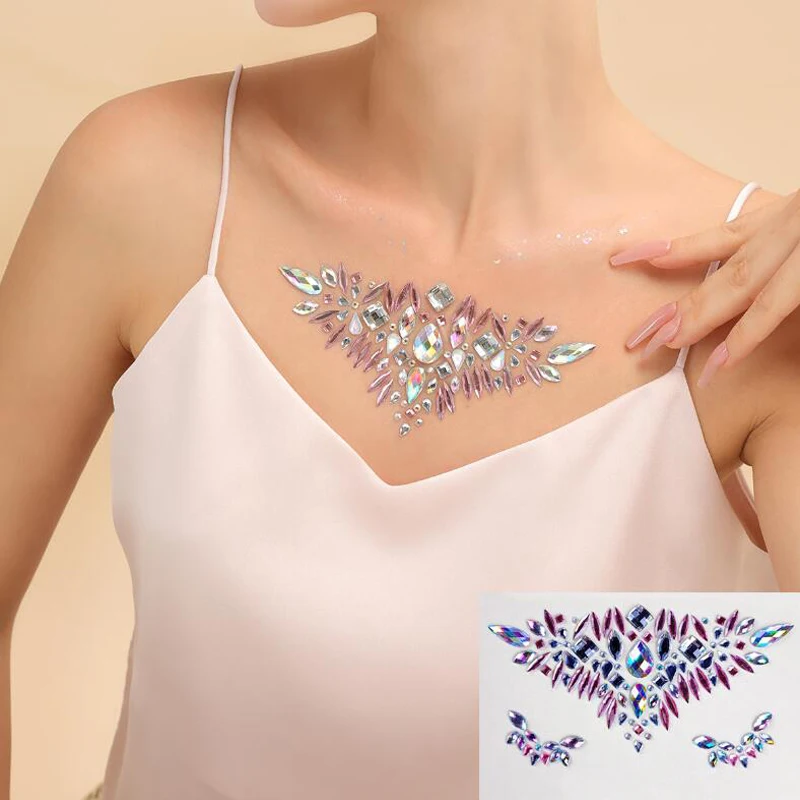 Sexy Chest Colored Drill Stickers Female Banquet Body Art Tattoo Decoration Fake Necklace Decals Nightclub Party Breast Art