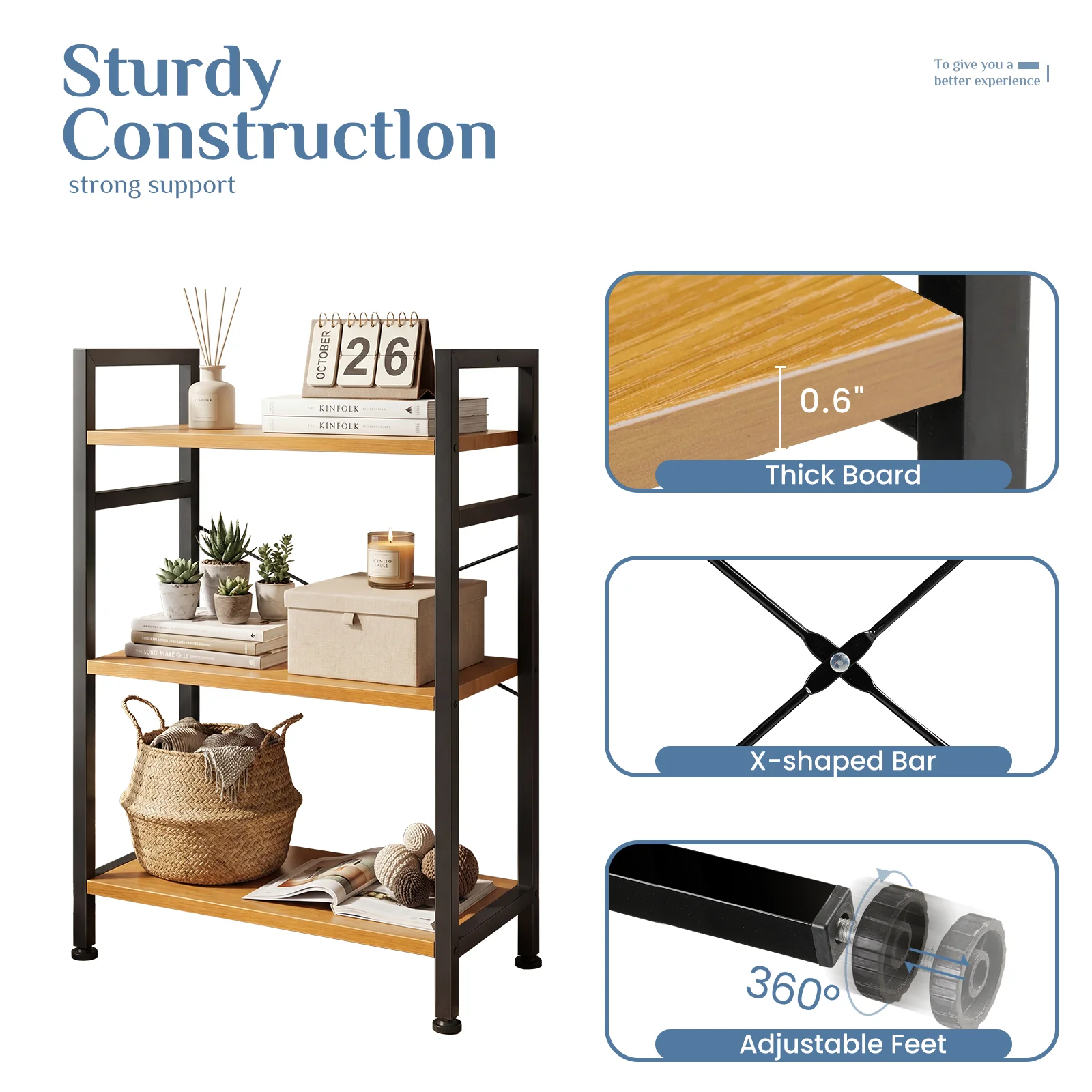 Close up of sturdy frame structure and adjustable feet on wooden bookshelf