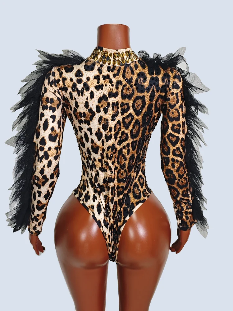 ليوبارد طباعة الأسود الراين ارتداءها طويلة الأكمام مثير Showgirls فريق المرحلة زي ملهى ليلي GOGO ملابس الرقص عيد ميلاد DJ #2