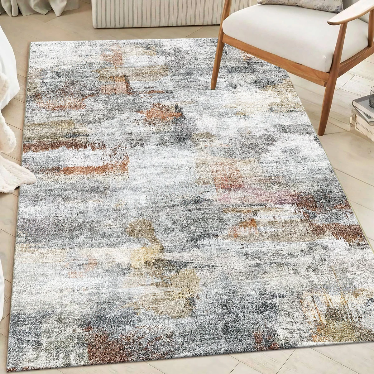 

Living Room Rug Gray Area Rug Machine Washable Boho Carpet Non-Slip Abstract Vintage Indoor Large Rugs for Bedroom Classroom