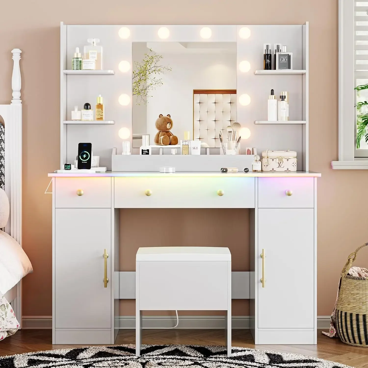 Vanity Desk with Mirror and Lights, 43'' White Makeup Dressing Table Set with 5 Drawers & Chair, Power Outlet, 3 Lighting Modes