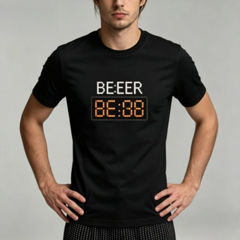 Funny Beer Lover Men’s Modal T‑Shirt Round Neck Digital Clock & Cartoon Mug Print Standard Fit Casual Short Sleeve Party Theme