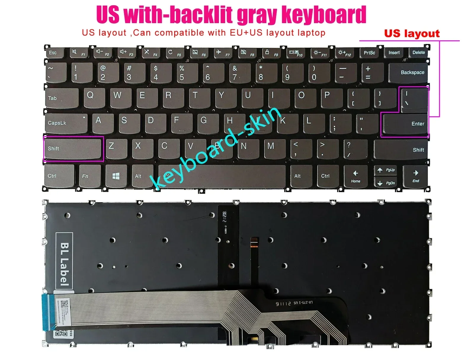 New gray US backlit Keyboard no-frame for Lenovo ideapad S540-14 S540-14API  S540-14IML  S540-14IWL Touch laptop