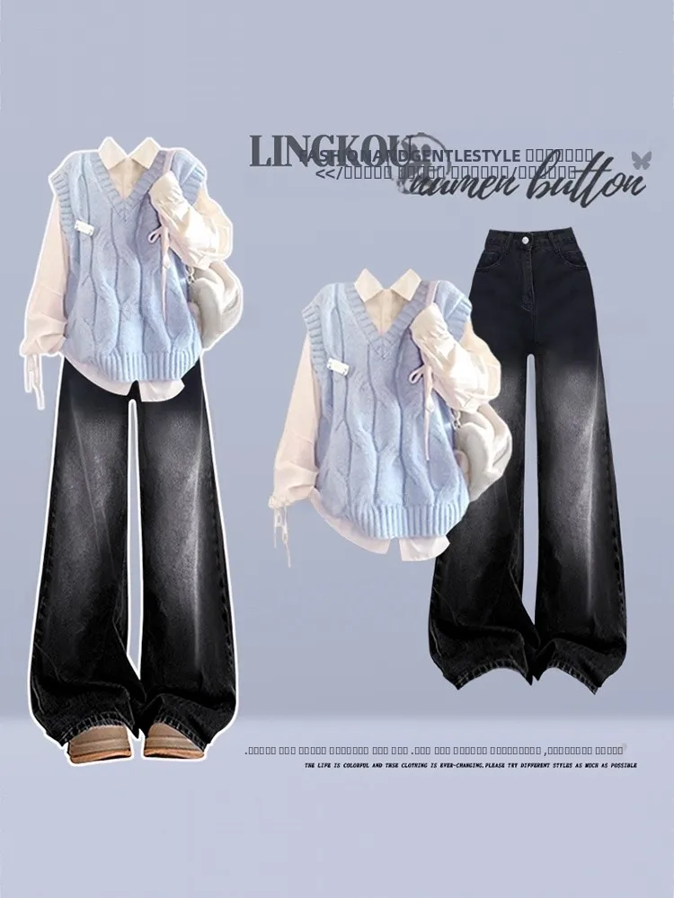 

Комплект из трикотажного жилета большого размера для осени и зимы и джинсов-брюк с эффектом ретро для женщин