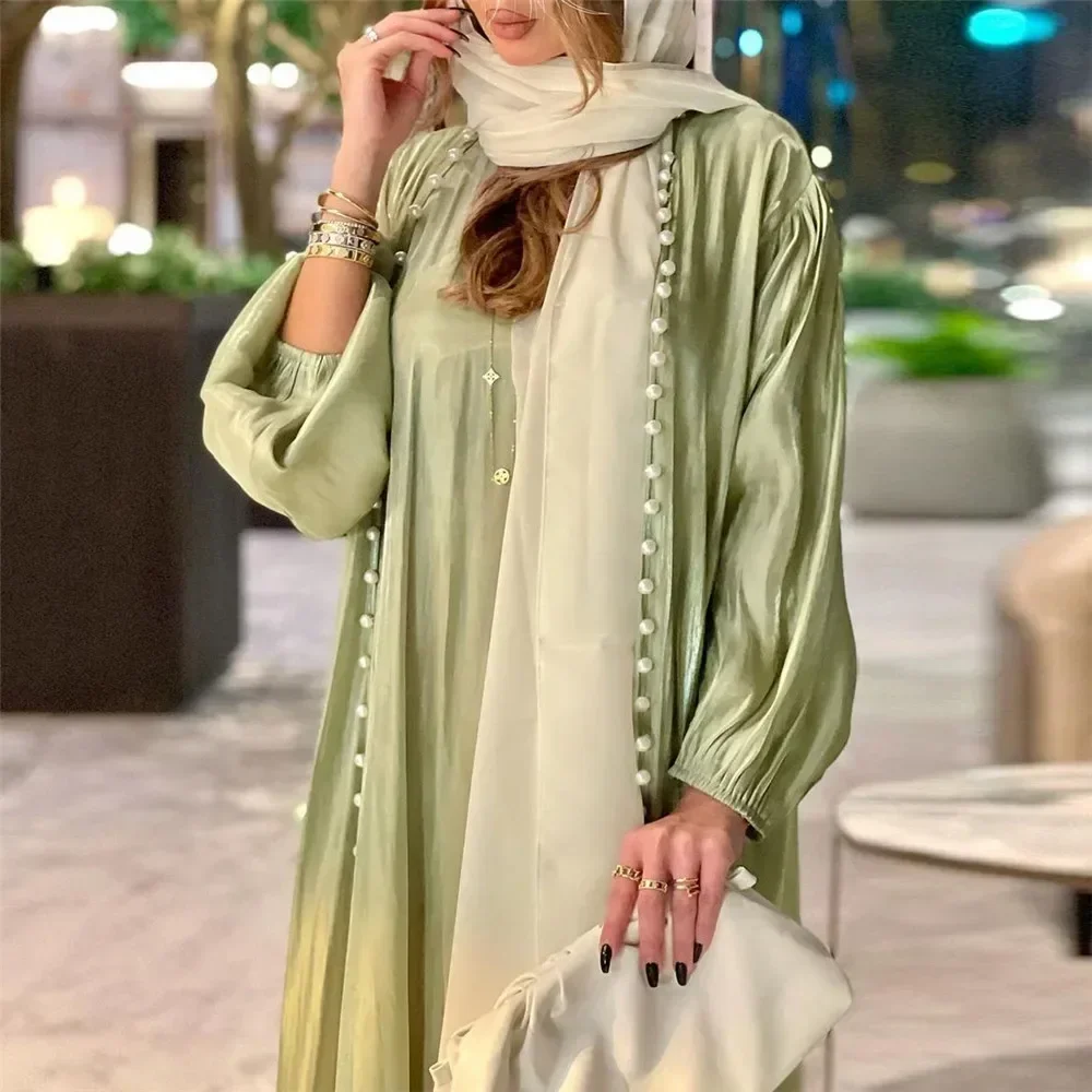 Elegante musulmano Abaya 2 pezzi coordinati set perline raso donne Hijab abito abito da sera turchia arabo Islam abiti caftano marocchino