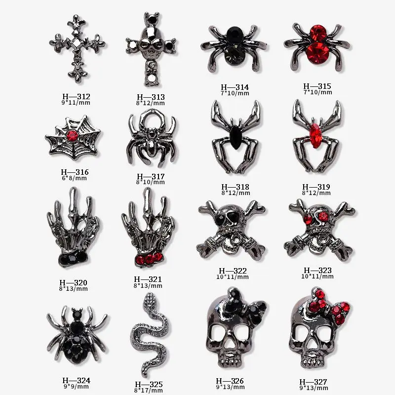 100pcs/lot Halloween Black Cross Heart Skull 3D Alloy Nail Art Rhinestone Metal Nails Accessories Nail Art Decoration DIY Charms