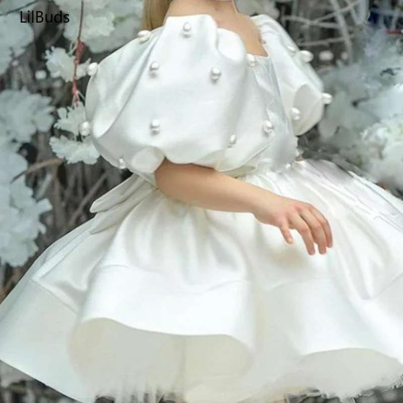 2024 Children's Elegant Princess Dress Clothing Kids White Puff Yarn Model Show Evening Clothes Flower Girl's Party Costumes