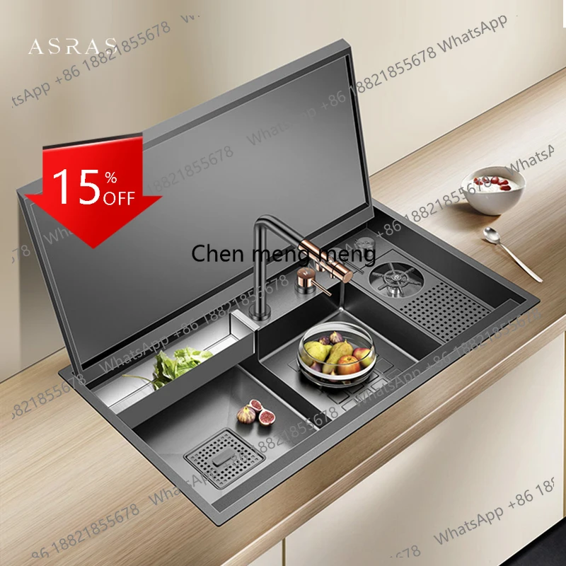 A139 Nanometer Black Flip Cover Hidden kitchen Sink 304 Stainless Steel 4mm Thickness Handmade Stepped Sinks Cup Rinser Sinks