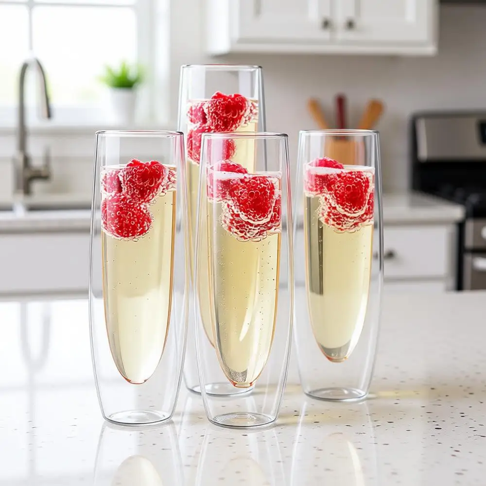 

Набор из 4 бокалов для шампанского с двойными стенками для мимозы, прескко и коктейлей — легкие бокалы на ножке для торжеств