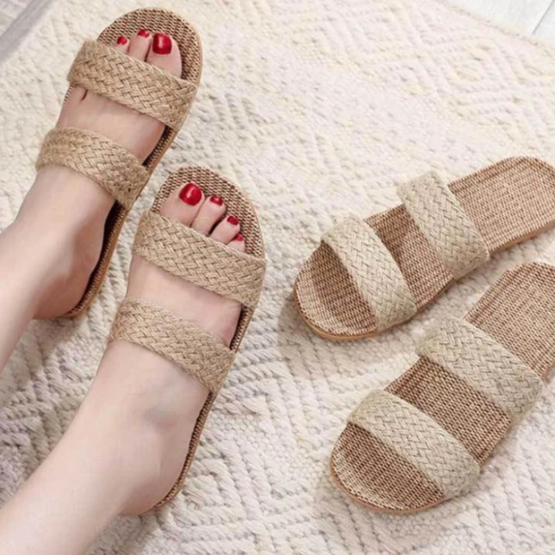 

2026 New Spring Summer Flax Slippers For Women Men House Shoes Anti-slip Light Weight Breathable Style Couples Home Floor Slides