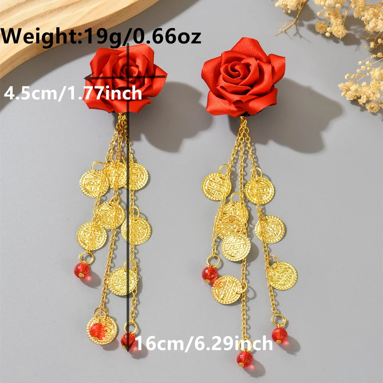 Red Rose Fabric Clip-On Earrings - Gold Coin Tassel Red Bead Ethnic Drop Earrings for Women