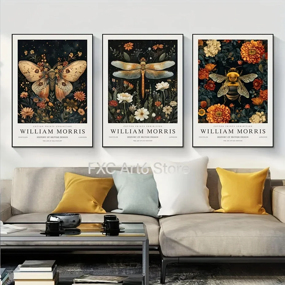 3PC frameless  William Morris Insect Flower Canvas Print Dragonfly Butterfly Bee Animal Wall Art Poster for Living Room Home Dec