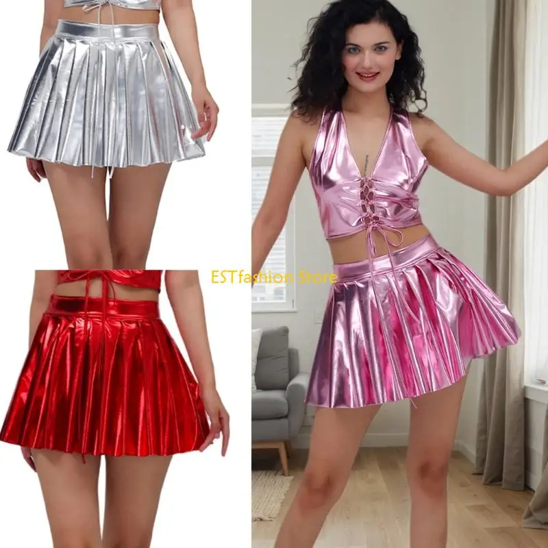 Y5GC Faux Leather Shines Metallic Short Skirt for Women Pleated Mini Skirt Casual Fashion Flared Pleated A-Line Skater Skirt