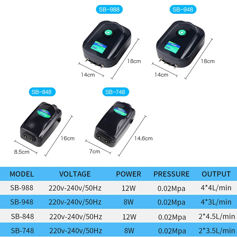 SOBO حوض السمك مضخة أكسجين ضاغط الهواء قابل للتعديل تدفق الهواء لخزان الأسماك وحوض السمك مضخات الأكسجين الملحقات