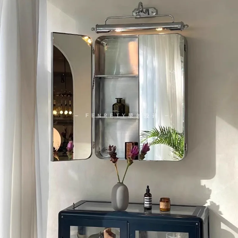 Stainless Steel Antique Hanging  Cabinet Modern Light Luxury Household Dressing Bathroom Foyer Simple Folding espejo Led Table