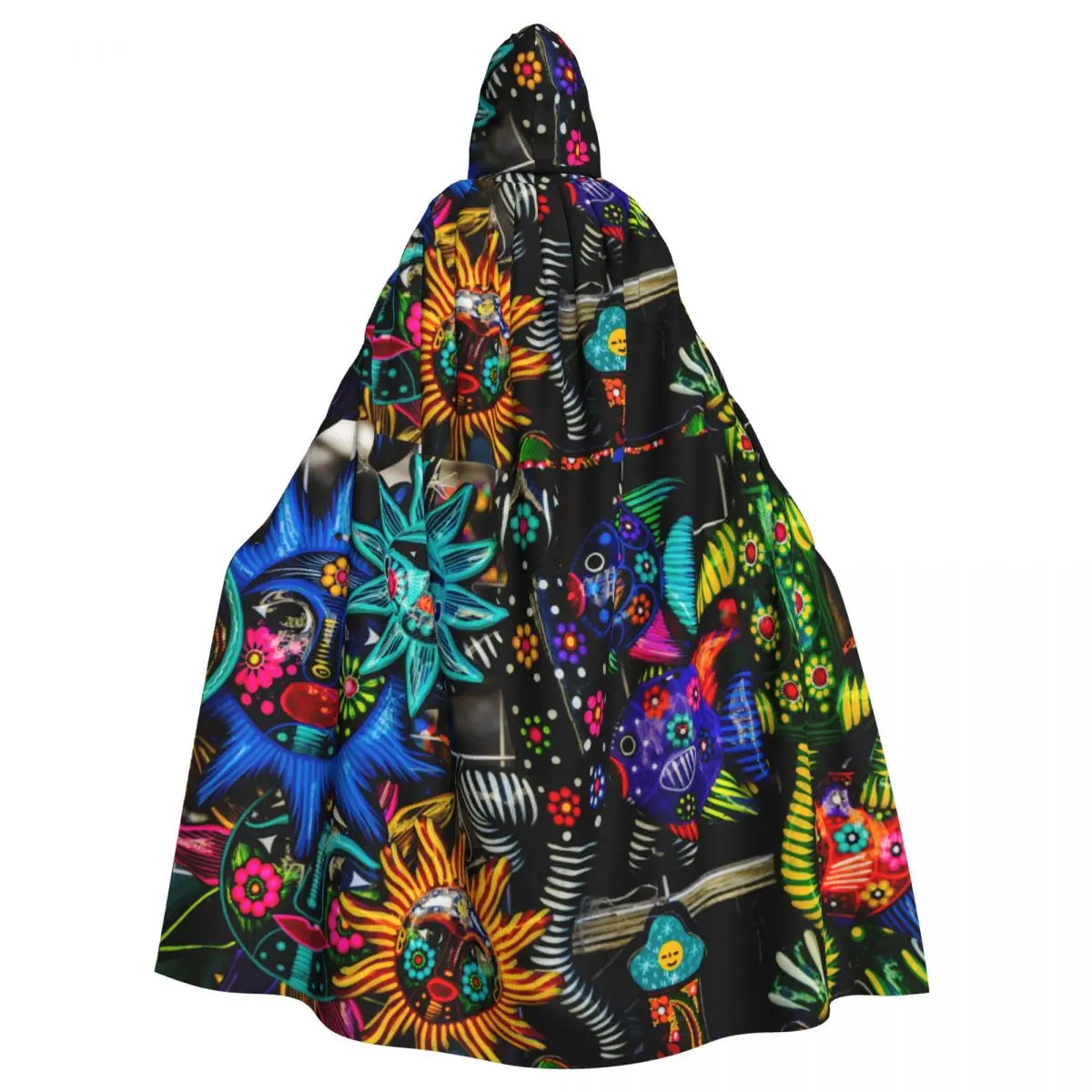 Mexican Sun Face Fish Blue Turquoise Oaxaca Juarez Mexico Hooded Cloak Polyester Unisex Witch Cape Costume Accessory