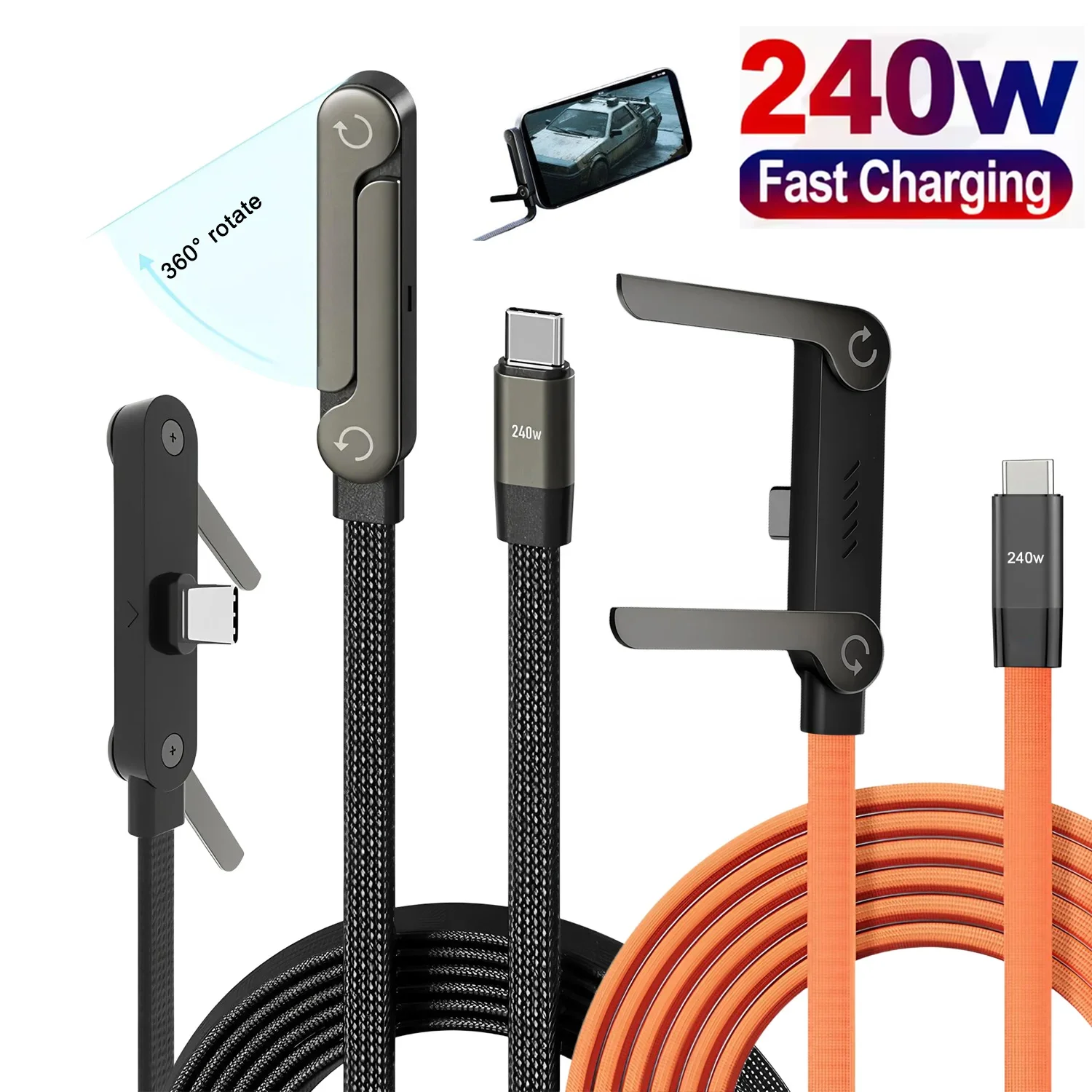 2-in-1 240W USB C To USB C Fast Charging Cable Elbowed 180° Foldable Phone Holder For iPhone 17 Samsung Xiaomi POCO Type C Cord