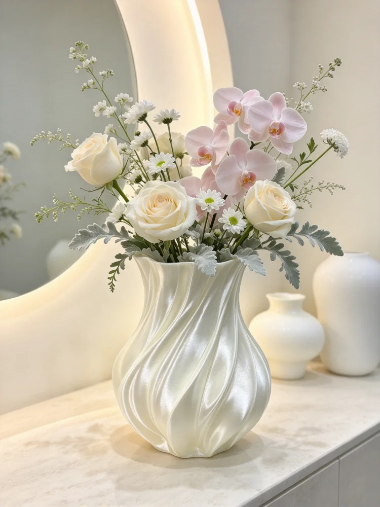 Atmospheric Pearlescent Flowing Texture Silk-White Vase, 3D Printed Swirl-Shaped Floral Vessel, Silk-Like Luster Adds a Luxurious Layer to Floral Arrangements, Gentle Milky White Base Color Gently Enhances the Color of the Bouquet, Suitable for Small Flowers Such as Roses, Peonies, and Phalaenopsis, Effortlessly Creates a Healing Tabletop Floral Arrangement, Suitable for Dining Table Side Tables and Bathroom Countertops, Not Only a Floral Container but Also a Warm Tabletop Decoration, Adding Elegance and a Sense of Fluidity to the Home Space