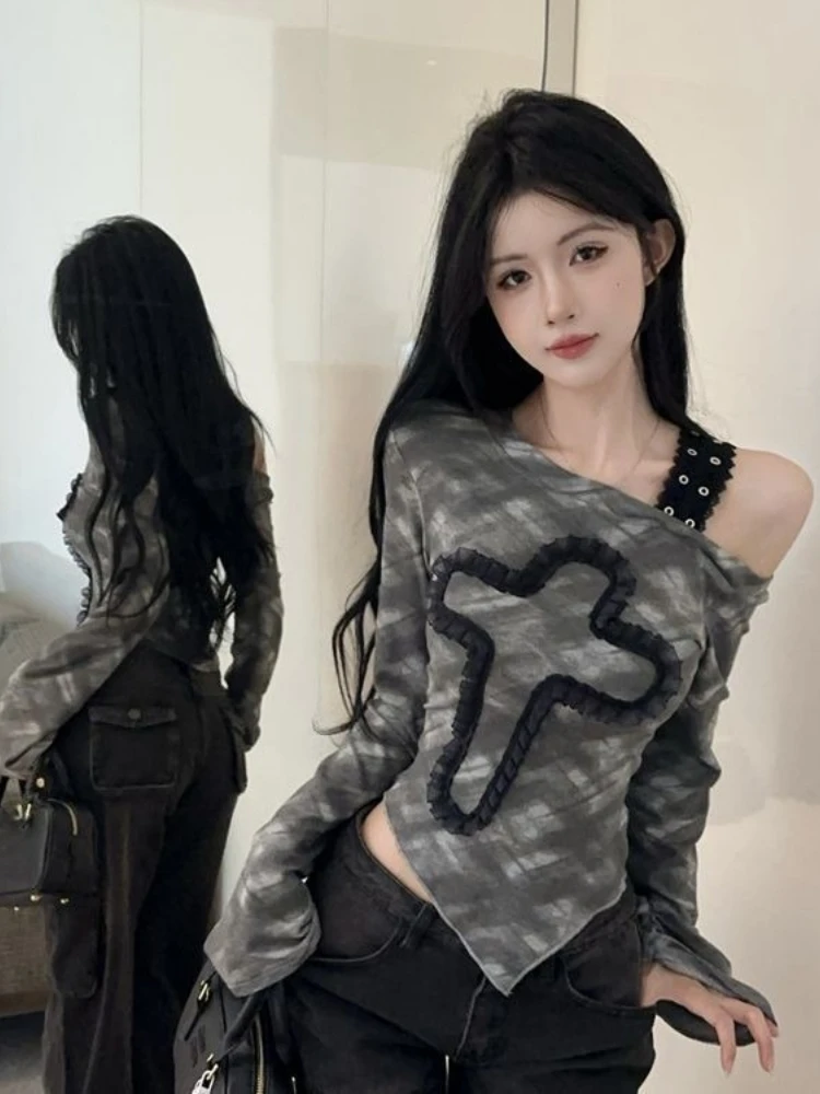 Y2k Aesthetic Irregular Tie-dye Vintage Tshirts Streetwear Skew Collar Bodycon Tshirts Harajuku Women Grunge Patchwork T-shirt