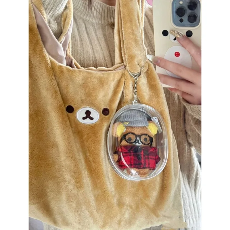 Rilakkuma sacola de pelúcia fofa ursinho bordado sacola de compras elegante bolsa de lã com tema animal bolsa criativa ecológica